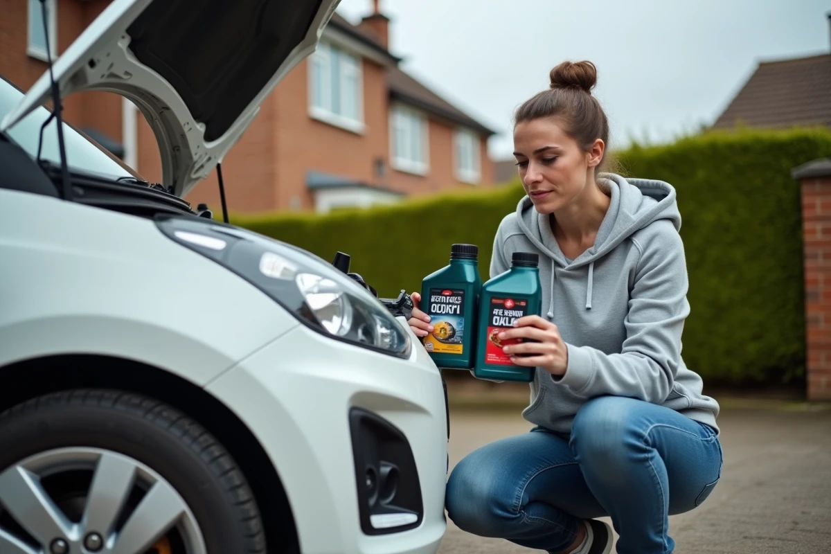 Femme comparant deux bouteilles d'huile moteur pour identifier la bonne viscosité pour une Peugeot 208 essence