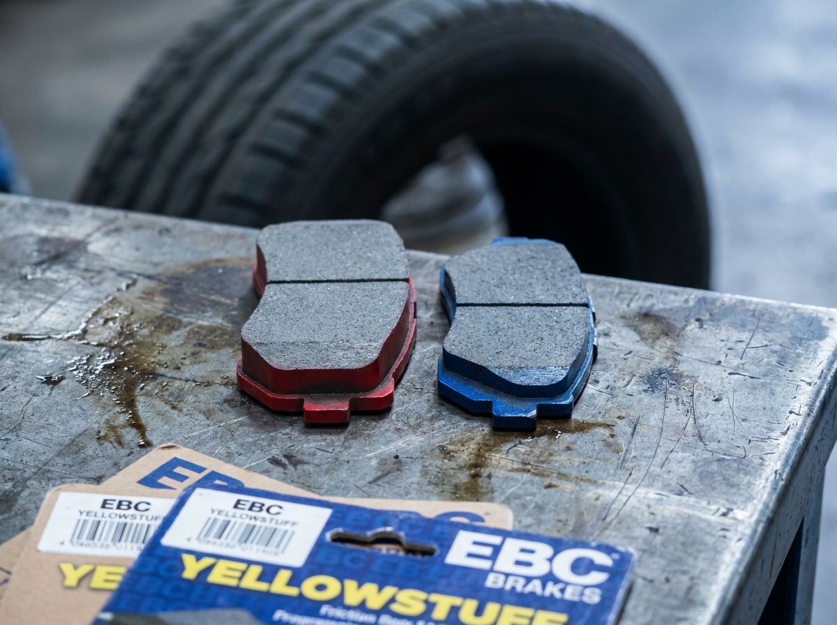 Comparaison de deux plaquettes de frein EBC de tailles différentes sur un établi de garage avec un pneu en arrière-plan