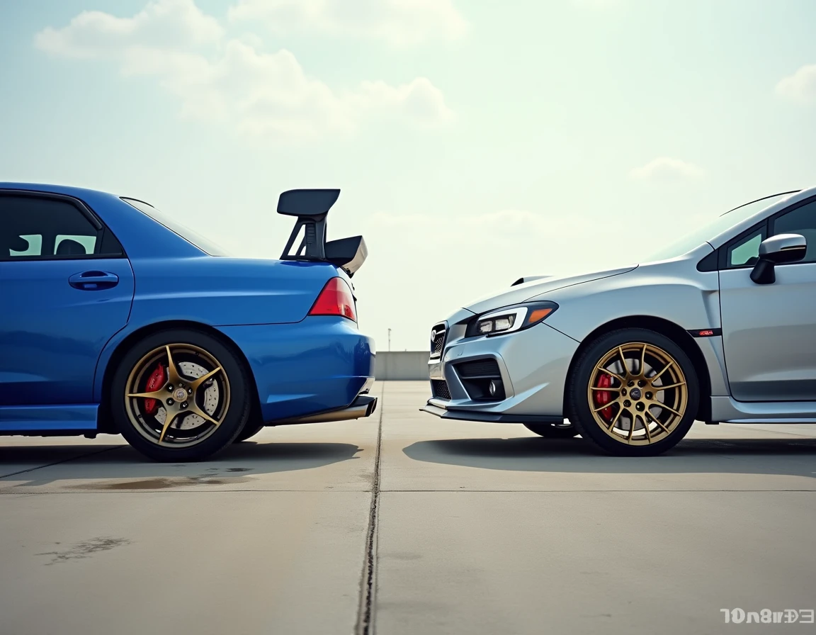 Subaru Impreza WRX argentée et STI bleue côte à côte dans un parking, comparaison visuelle des deux modèles pour débutants
