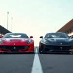 Deux voitures sportives côte à côte sur un circuit de course, comparaison entre une coupé italienne rouge et un roadster allemand noir mat