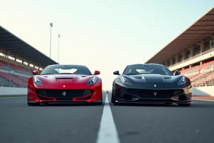 Deux voitures sportives côte à côte sur un circuit de course, comparaison entre une coupé italienne rouge et un roadster allemand noir mat