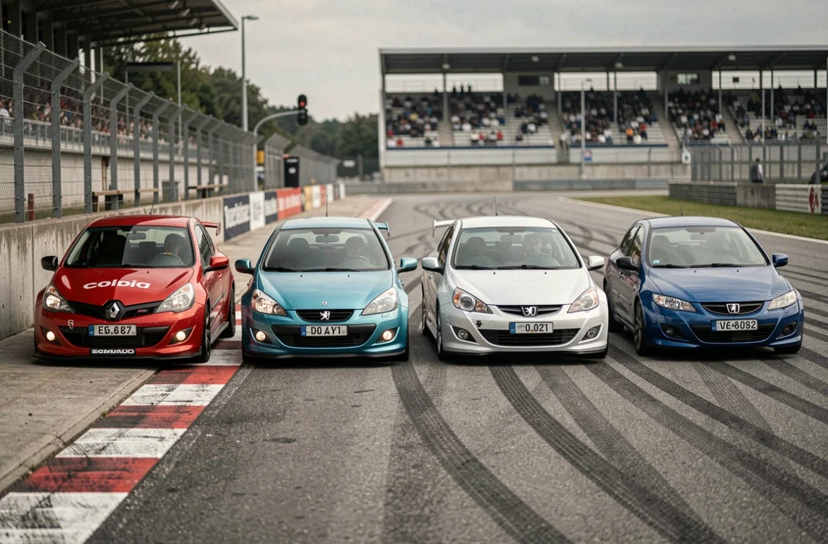 Comparatif Honda Civic EP3, FN2, Renault Clio RS et Peugeot 206 RC alignés en stand sur circuit