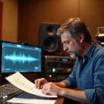 Compositeur professionnel en studio d'enregistrement travaillant sur la bande sonore musicale d'une publicité automobile Peugeot 5008