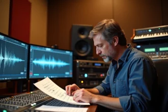 Compositeur professionnel en studio d'enregistrement travaillant sur la bande sonore musicale d'une publicité automobile Peugeot 5008