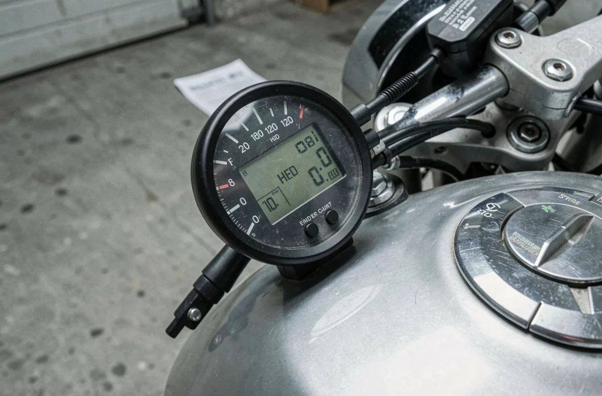 Gros plan sur le compteur kilométrique d'une moto avec un document d'assurance en arrière-plan flou