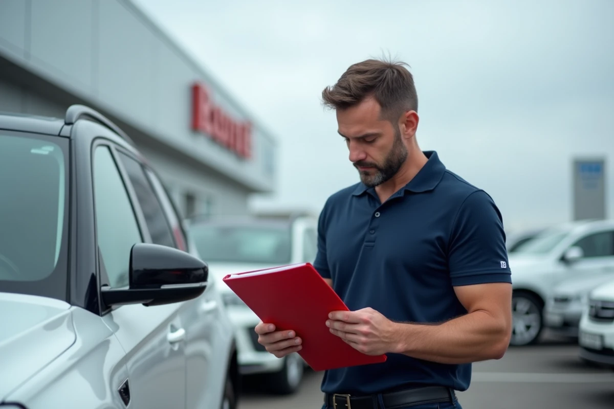 Concessionnaire automobile consultant un document de transit rouge à côté d'un SUV blanc dans un parking de concession