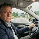 Conducteur français sur l'autoroute regardant un panneau de péage, illustrant le débat sur la gratuité des autoroutes en France