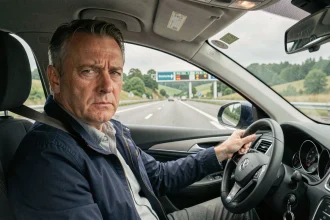 Conducteur français sur l'autoroute regardant un panneau de péage, illustrant le débat sur la gratuité des autoroutes en France