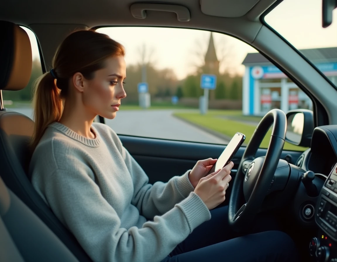 Conductrice consultant une application de comparaison de prix de carburant depuis sa voiture devant une station supermarché en sortie d'autoroute