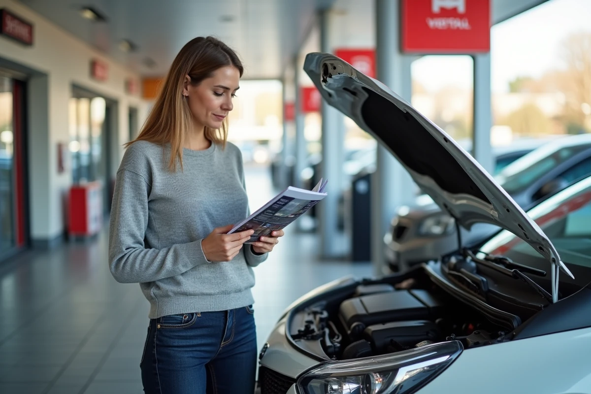Conductrice consultant le carnet d'entretien de sa voiture avec moteur TCe au bord d'une station-service