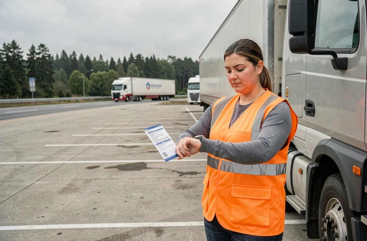 Conductrice poids lourd vérifiant les temps de repos réglementaires dans une aire de repos autoroutière
