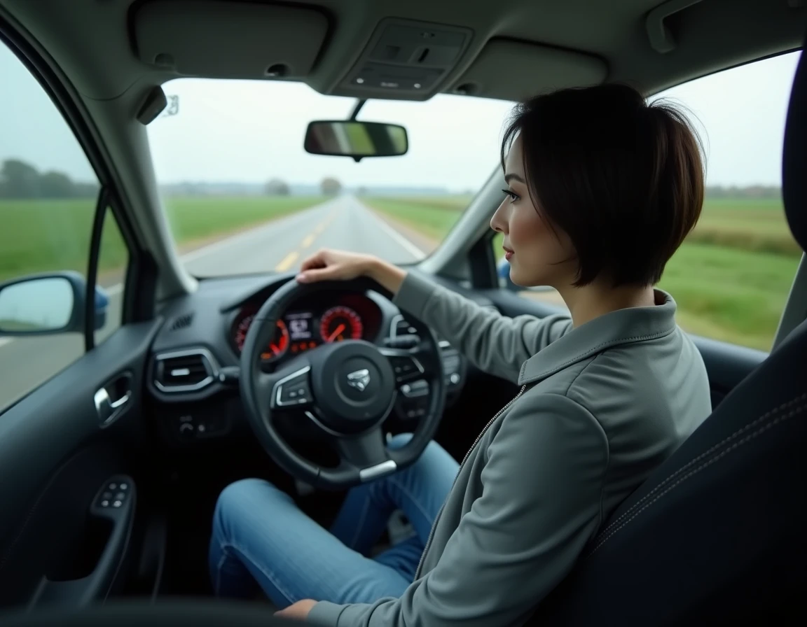 Conductrice au volant regardant le tableau de bord affichant la puissance moteur en kilowatts sur route