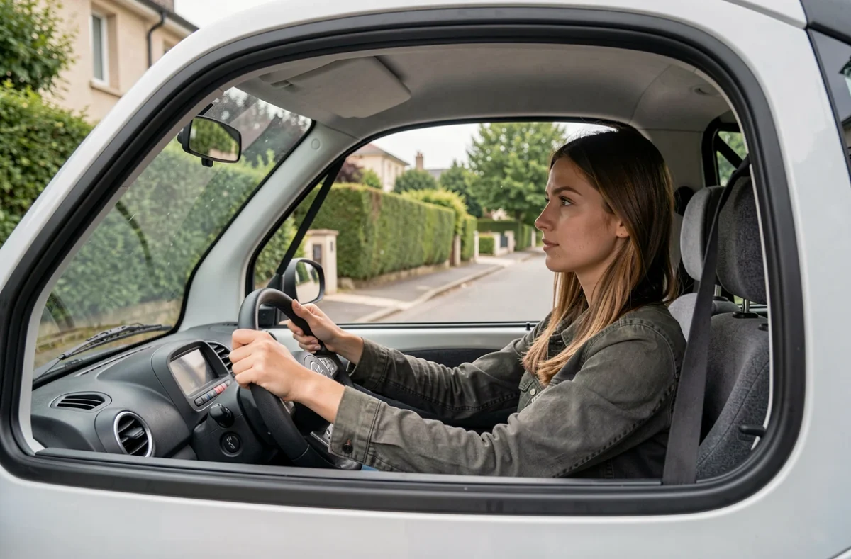 Jeune femme au volant d'une voiture sans permis dans une rue de Challans
