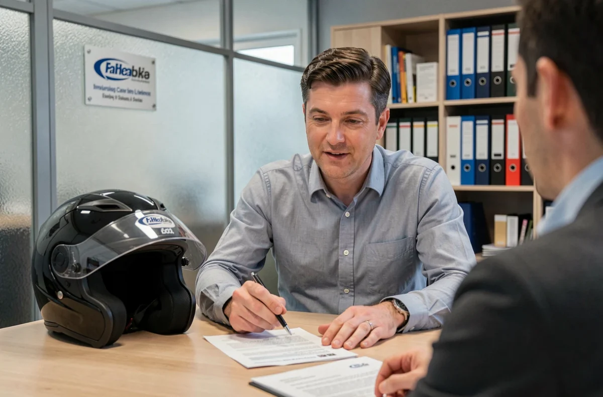 Conseiller en assurance moto présentant un contrat à un client dans une agence à Dijon