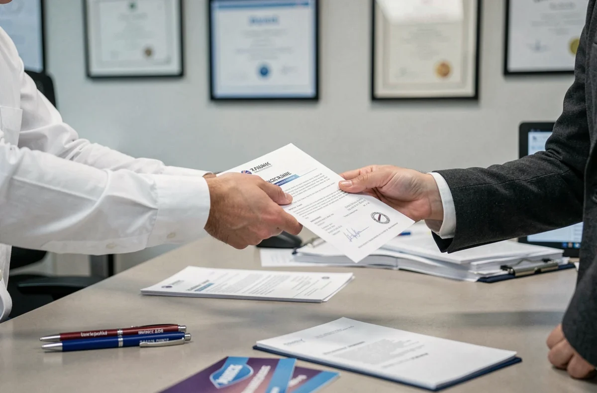 Échange de documents d'assurance auto entre un conseiller et un client dans une agence à Auch