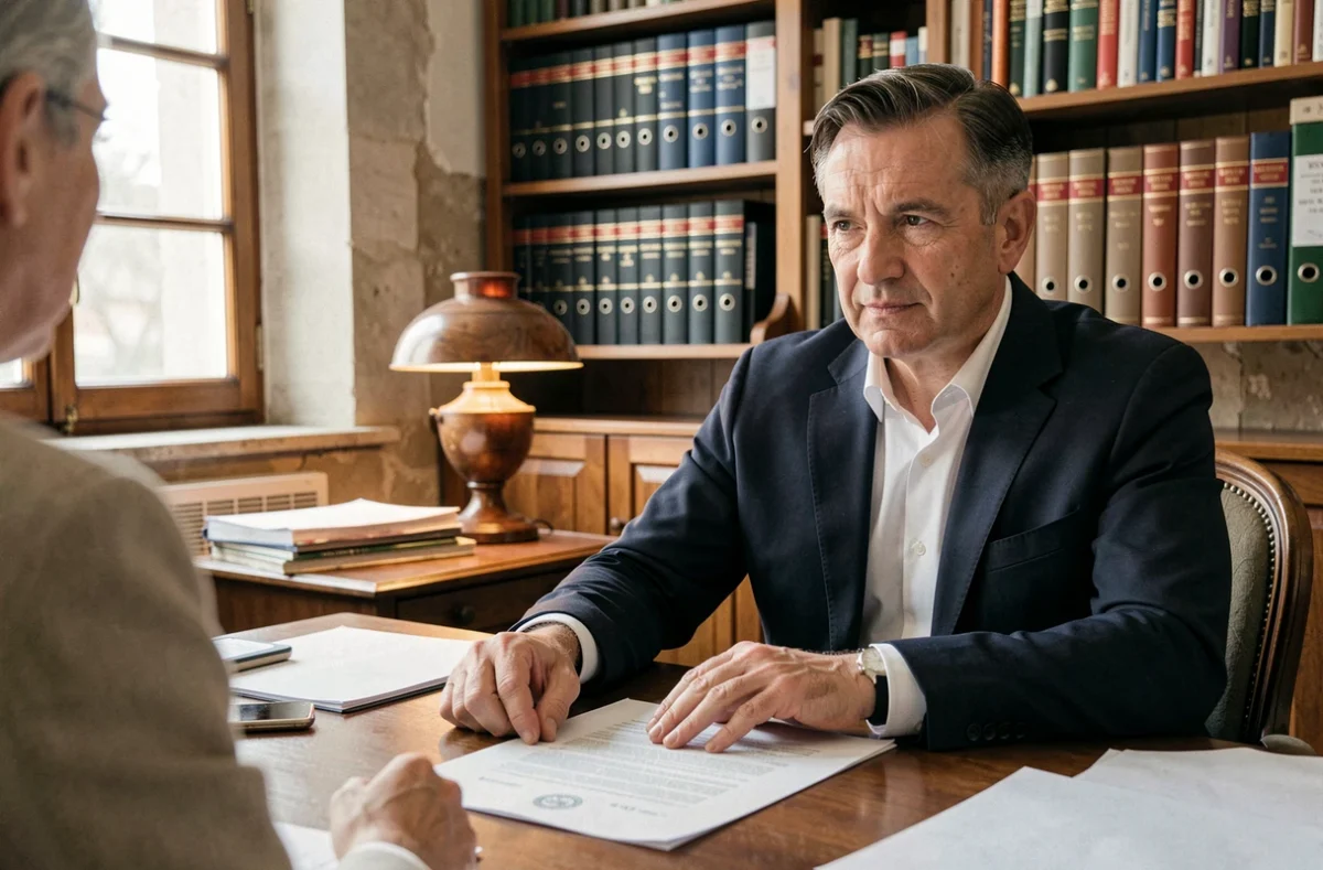 Avocat consultant un client autour d'un document juridique dans un cabinet d'avocat du Gers