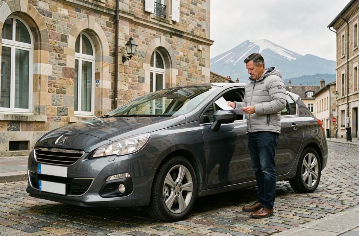 Automobiliste vérifiant son contrat d'assurance auto devant sa voiture à Clermont-Ferrand