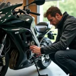 Homme en équipement moto vérifiant la chaîne d'une Kawasaki GTR