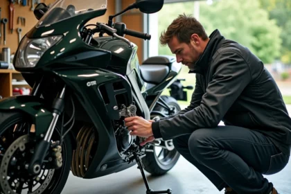 Homme en équipement moto vérifiant la chaîne d'une Kawasaki GTR