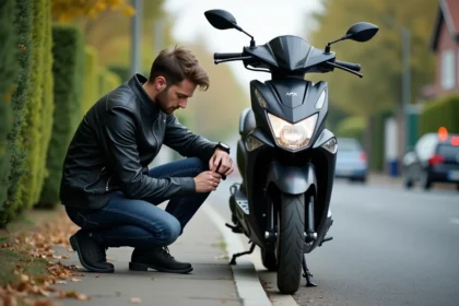 Jeune homme vérifiant la pression des pneus d'un scooter Yamaha XMAX