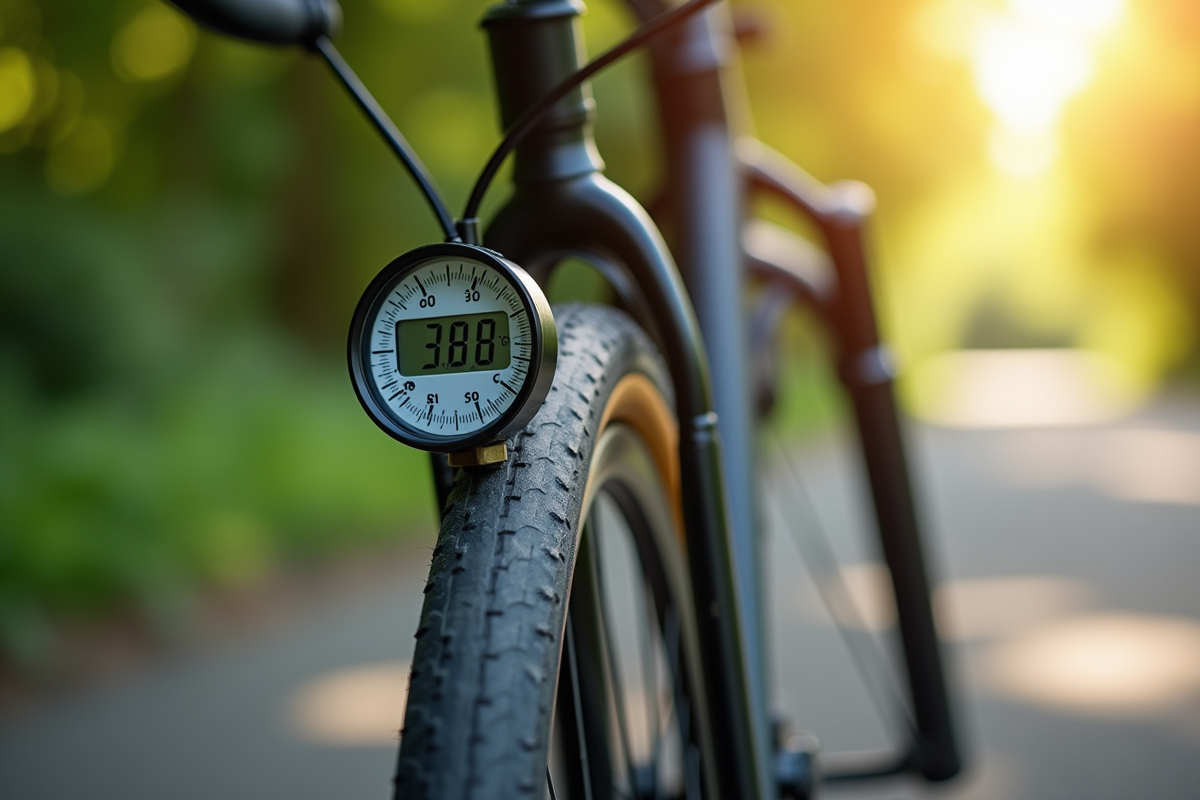 Vérification de la pression du pneu de vélo avec jauge digitale