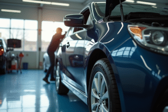 Voiture en inspection avec mecanicien examinent le moteur