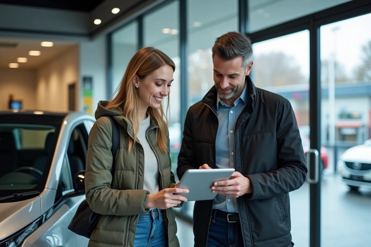 Couple discutant avec un vendeur pour l'achat d'un véhicule neuf à petit budget devant un concessionnaire