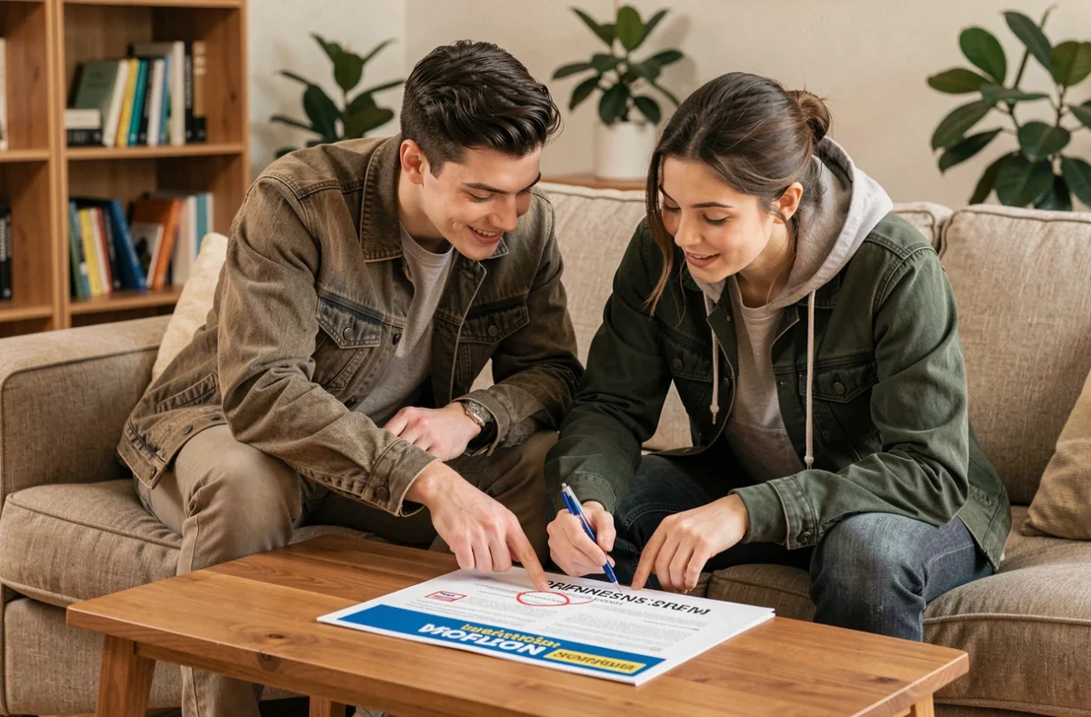 Couple examinant des documents d'assurance voiture économique ensemble sur un canapé dans un appartement