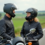 Couple en équipement moto dans la campagne verte