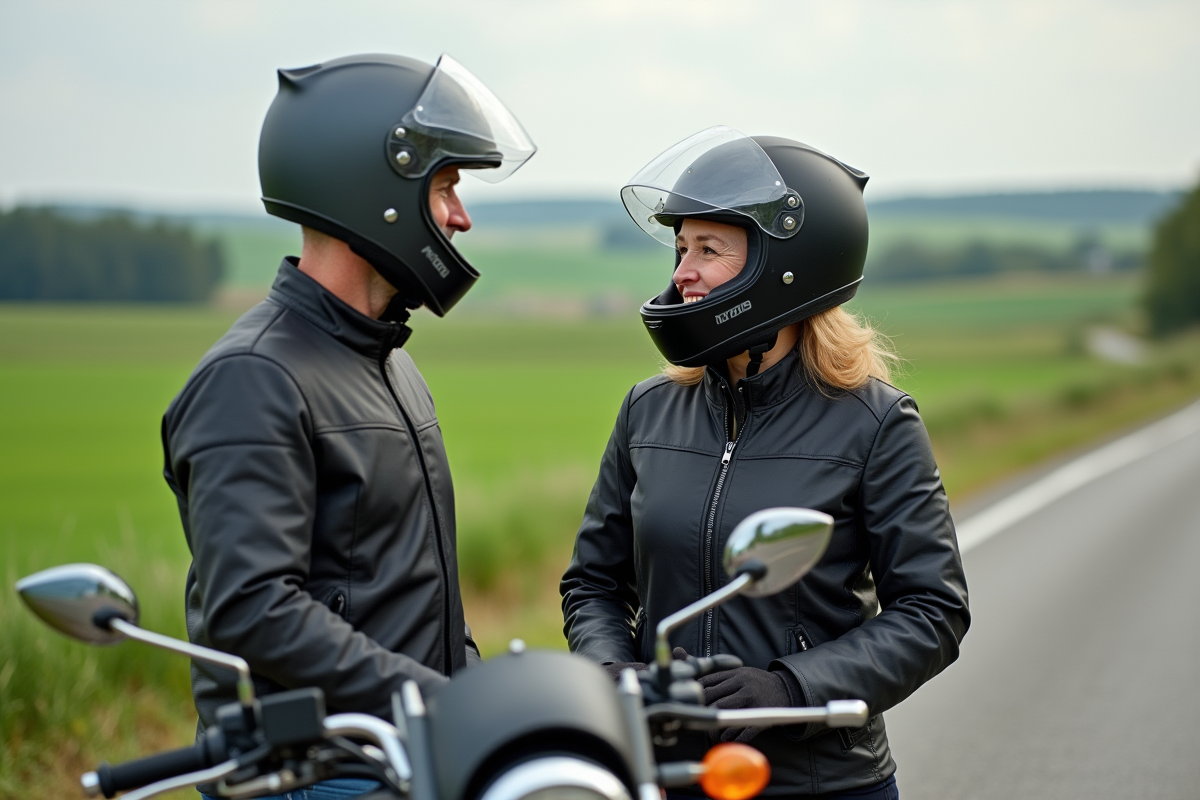 Couple en équipement moto dans la campagne verte