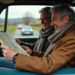 Un couple souriant dans une voiture de rallye vintage