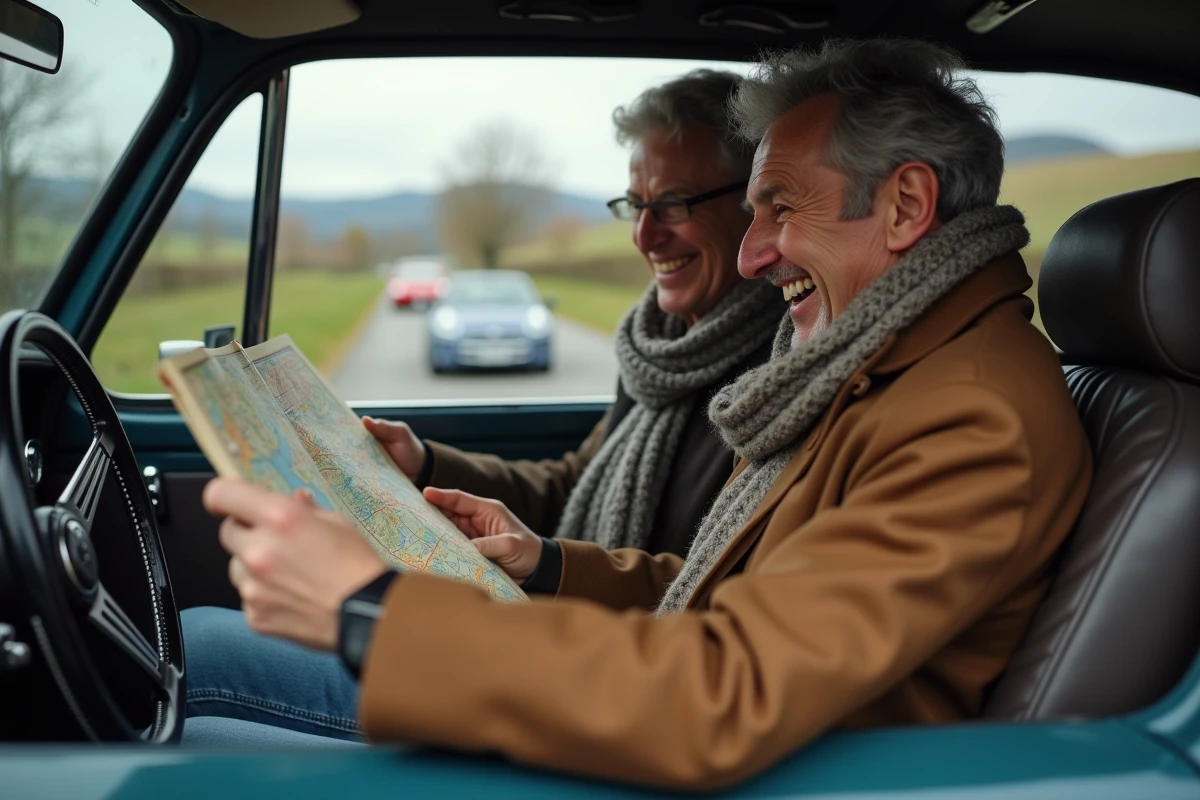 Un couple souriant dans une voiture de rallye vintage