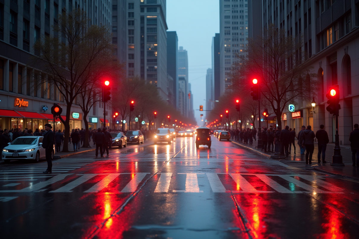 Coin de rue urbain au crépuscule avec feux rouges et piétons
