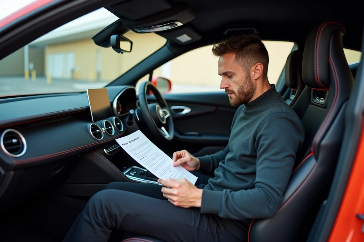 Homme consultant un document d'estimation de valeur assis dans l'habitacle d'un Cupra Formentor, intérieur sport avec surpiqûres cuivrées et écran tactile, marché de l'occasion