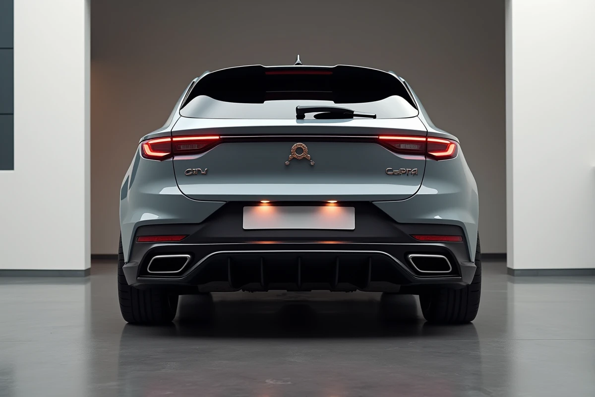 Cupra Formentor VZ gris graphène dans un garage privé minimaliste, vue arrière trois quarts mettant en valeur les finitions cuivrées pour illustrer la décote sur le marché occasion