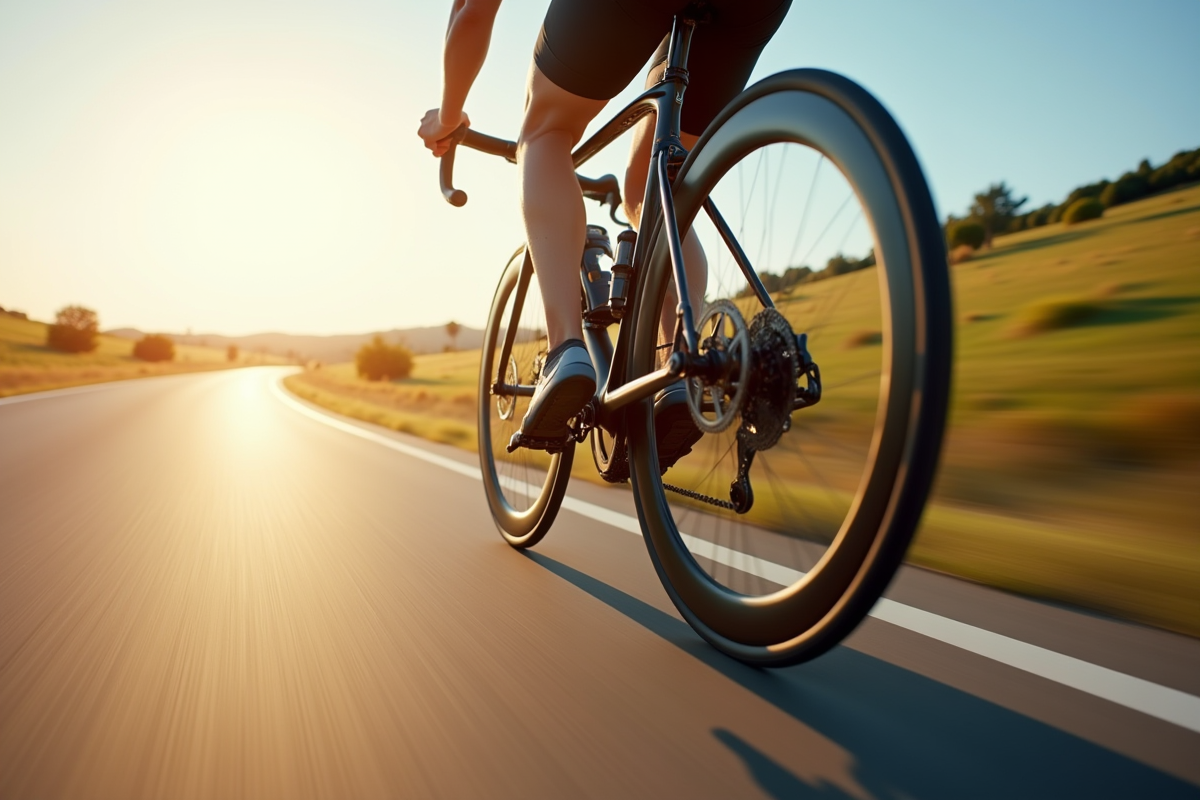 Coureur de vélo de route en pleine vitesse en campagne
