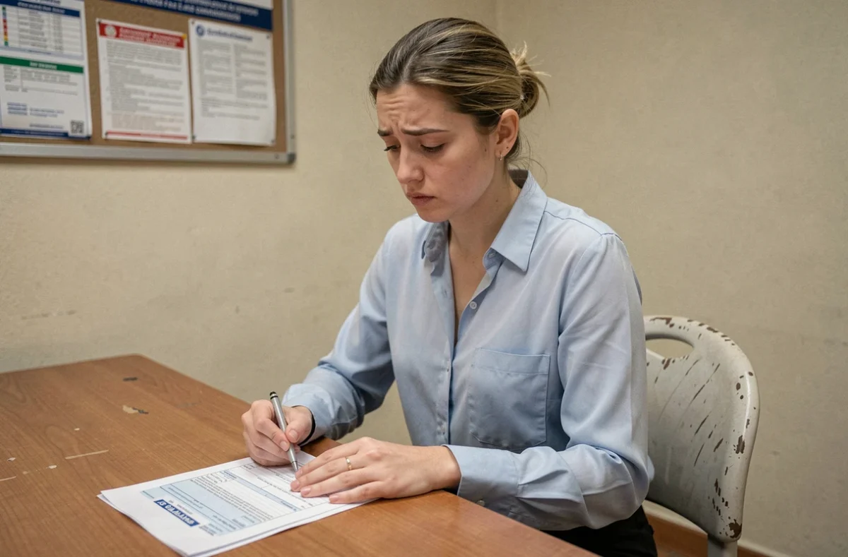 Jeune femme remplissant un formulaire de déclaration d'accident dans une gendarmerie française