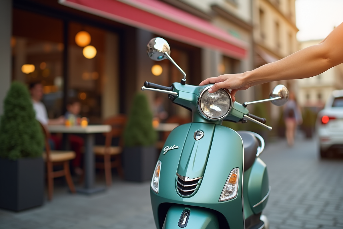 Main tournant la clé de scooter devant café urbain