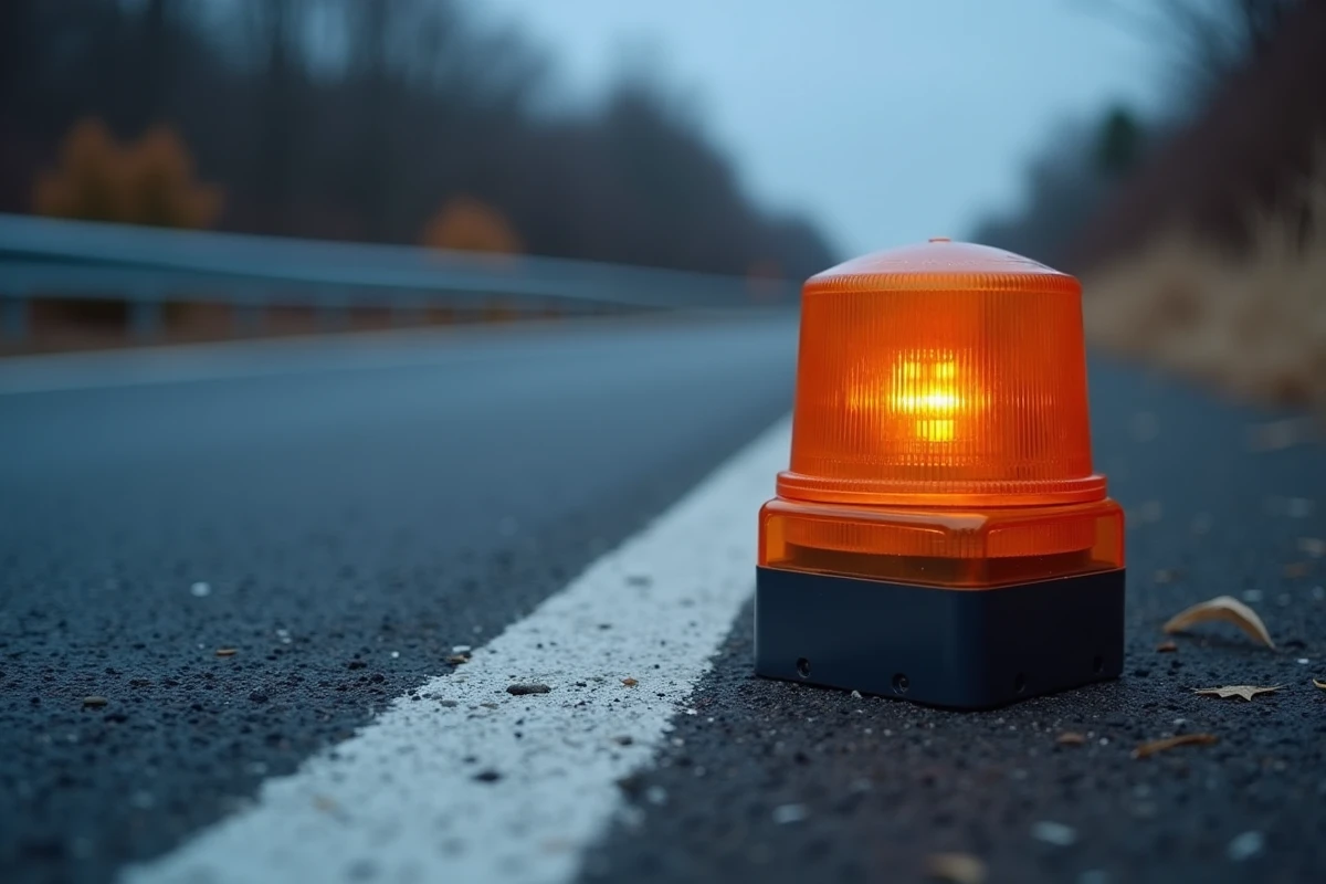 Gros plan d'une balise d'urgence V-16 posée sur l'asphalte en bord de route