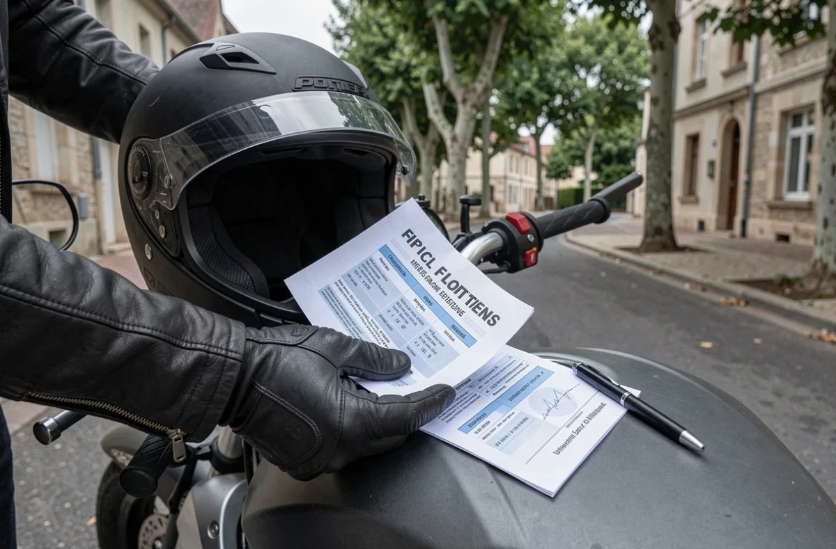 Mains gantées tenant un casque moto avec des documents d'assurance posés sur un réservoir de moto à Poitiers