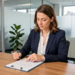 Femme consultant un devis d'assurance auto dans une agence à Clermont-Ferrand