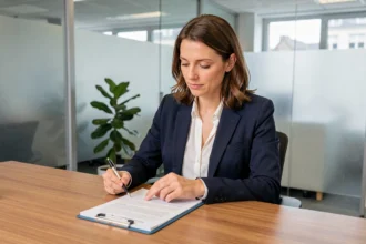Femme consultant un devis d'assurance auto dans une agence à Clermont-Ferrand