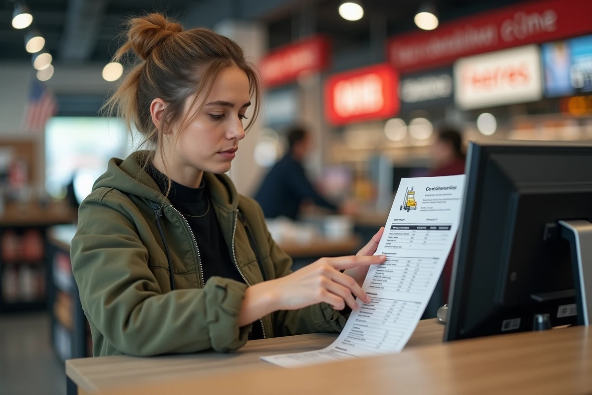 Femme consultant un devis de location camion 20m3 avec hayon au comptoir d'un grand magasin