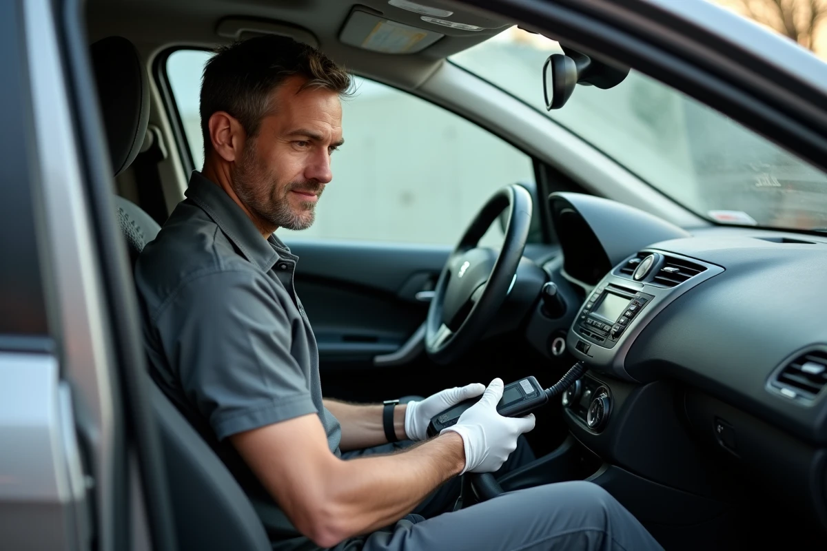 Mécanicien branchant un outil de diagnostic OBD2 dans une Peugeot pour effacer le code erreur P1445
