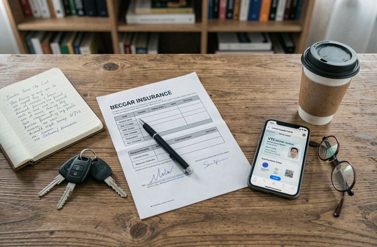 Documents d'assurance voiture VTC, clés de véhicule et smartphone sur un bureau de travail à domicile