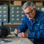 Électricien homme en overalls examine un moteur électrique