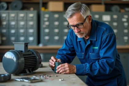 Électricien homme en overalls examine un moteur électrique