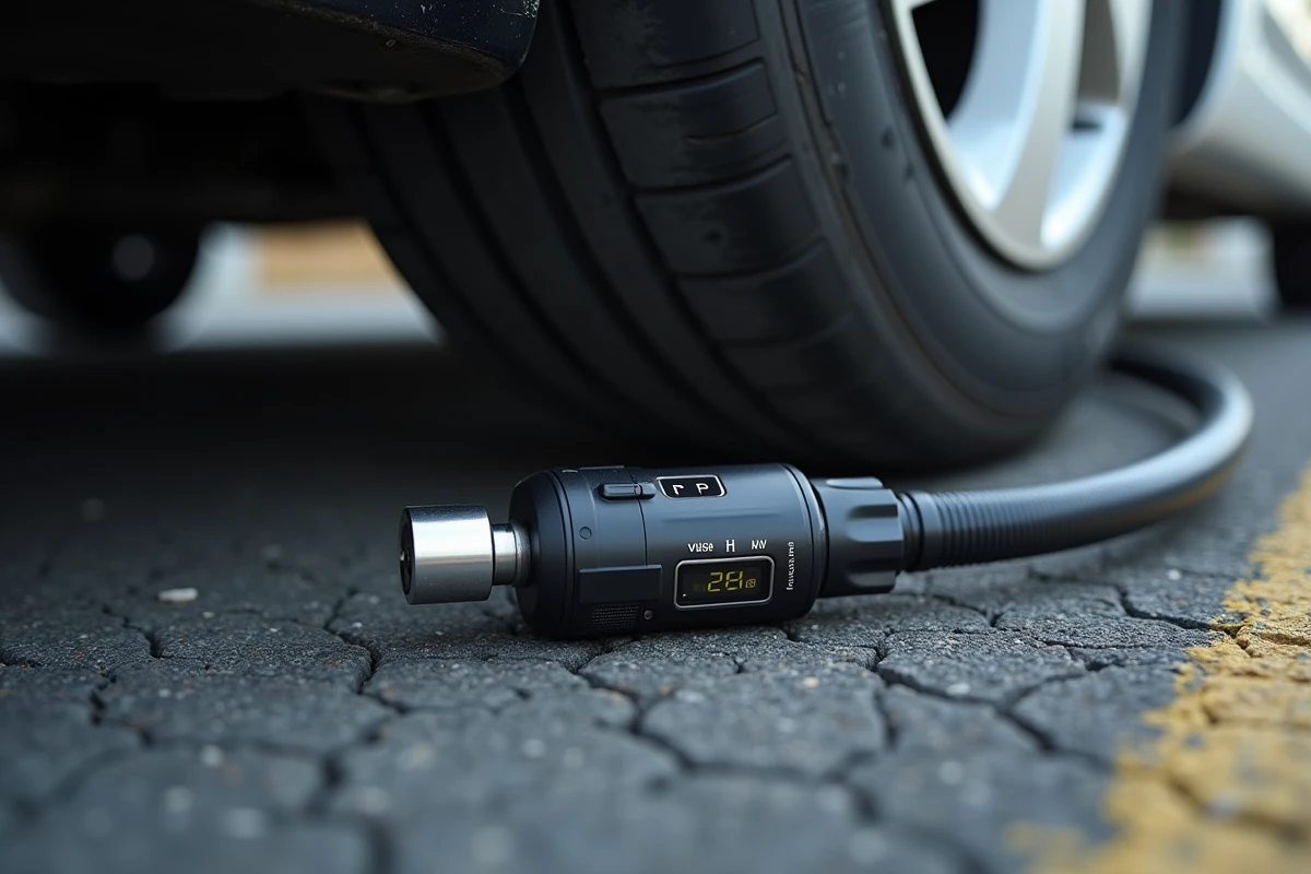 Gros plan d'un embout de gonfleur numérique connecté à la valve d'un pneu de voiture sur du bitume usé