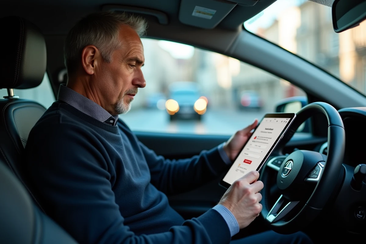 Homme enregistrant sa vignette bruxelloise sur tablette depuis l'intérieur de sa voiture garée dans une rue de Bruxelles