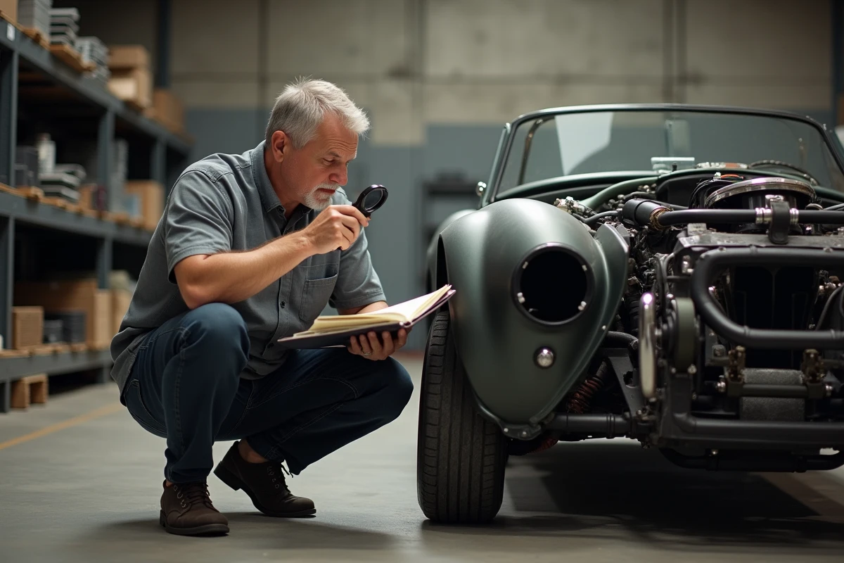 Expert en authentification automobile inspectant le numéro de châssis et les marquages d'une Cobra dans un atelier de restauration spécialisé